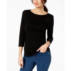 Charter Club Petite Black Pima Cotton Button-Shoulder 3/4 Sleeve Top NWT